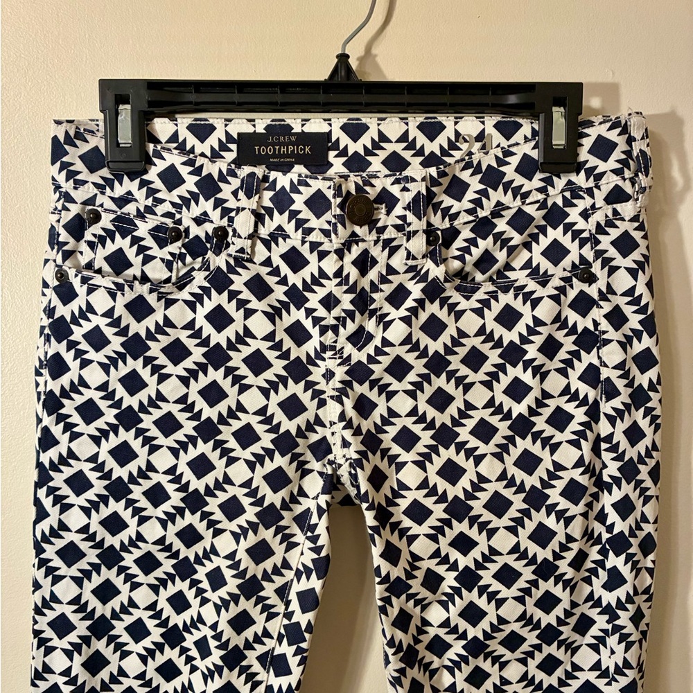 J. Crew Toothpick Ankle Skinny Jeans Navy Cream Geometric Aztec Preppy Money 24 - Picture 3 of 8